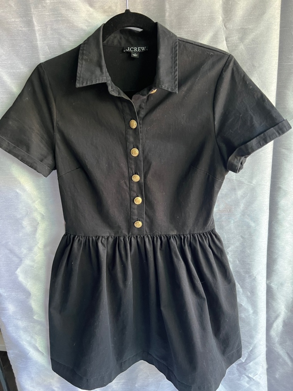 J. Crew Black Short Sleeve Collared Dress Gold Buttons size 6 pleated bottom